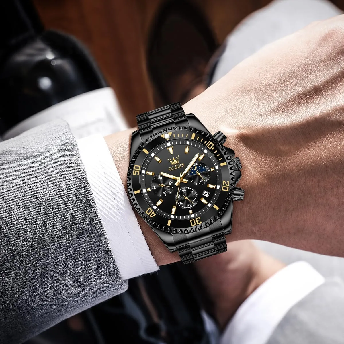 Big Face Analog extrinsic Quartz Male Watches OLEVS Men's Waterproof Watches Stainless Steel Waterproof Chronograph Wrist Watches Luxury Dress White Luminous 