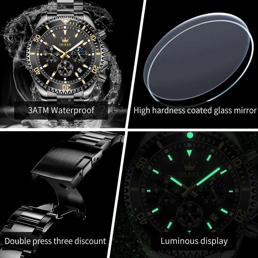 Big Face Analog extrinsic Quartz Male Watches OLEVS Men's Waterproof Watches Stainless Steel Waterproof Chronograph Wrist Watches Luxury Dress White Luminous 