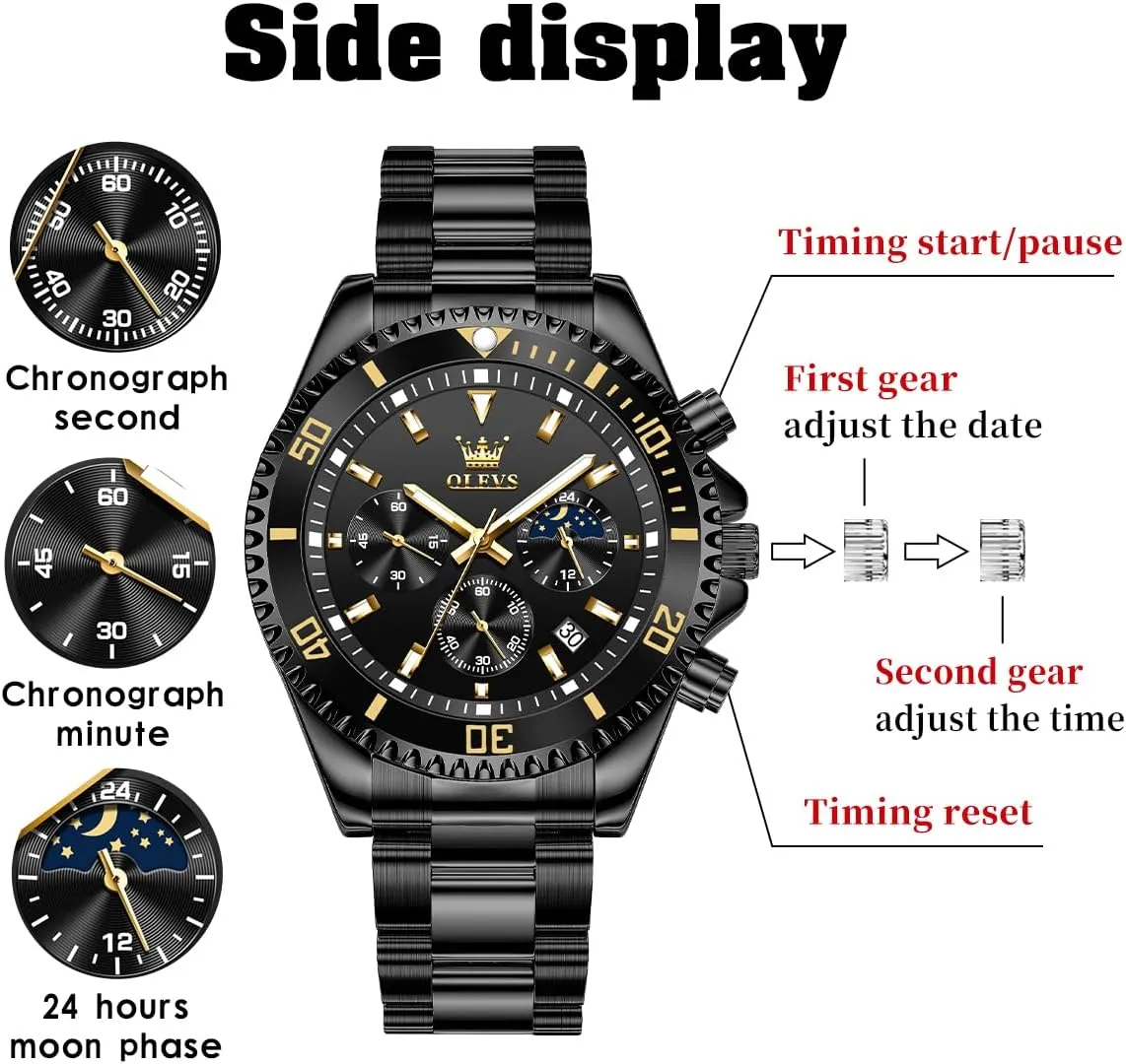 Big Face Analog extrinsic Quartz Male Watches OLEVS Men's Waterproof Watches Stainless Steel Waterproof Chronograph Wrist Watches Luxury Dress White Luminous 