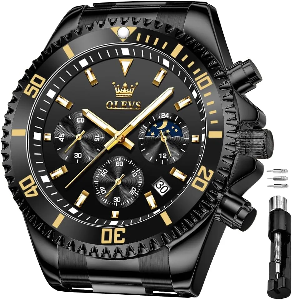 Big Face Analog extrinsic Quartz Male Watches OLEVS Men's Waterproof Watches Stainless Steel Waterproof Chronograph Wrist Watches Luxury Dress White Luminous 
