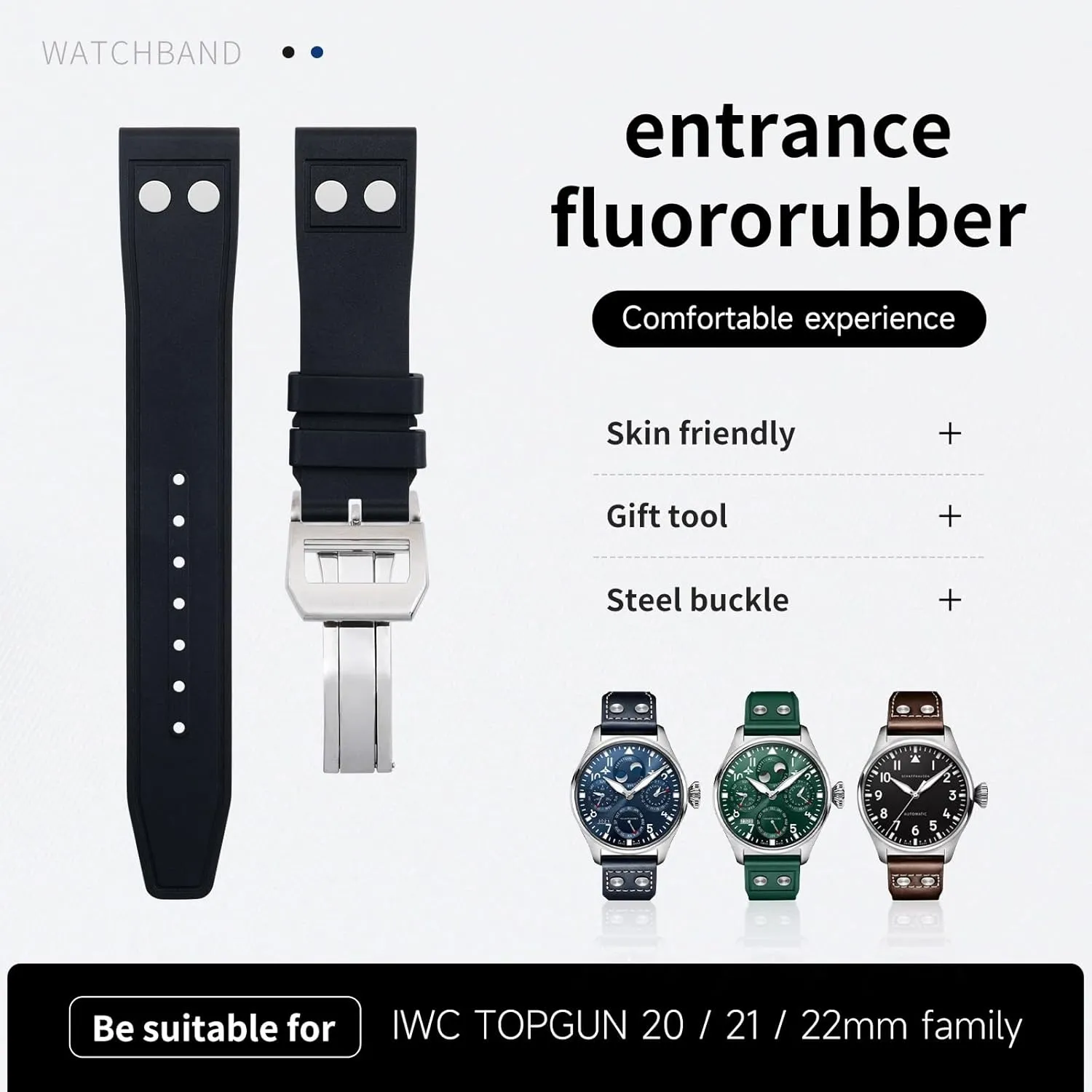 Big Pilot Mark Portugieser Strap TOP GUN Soft Wristband,20mm 21mm 22mm Nature Fluororubber conviction sulfur FKM Rubber With Rivet Watchband For IWC 