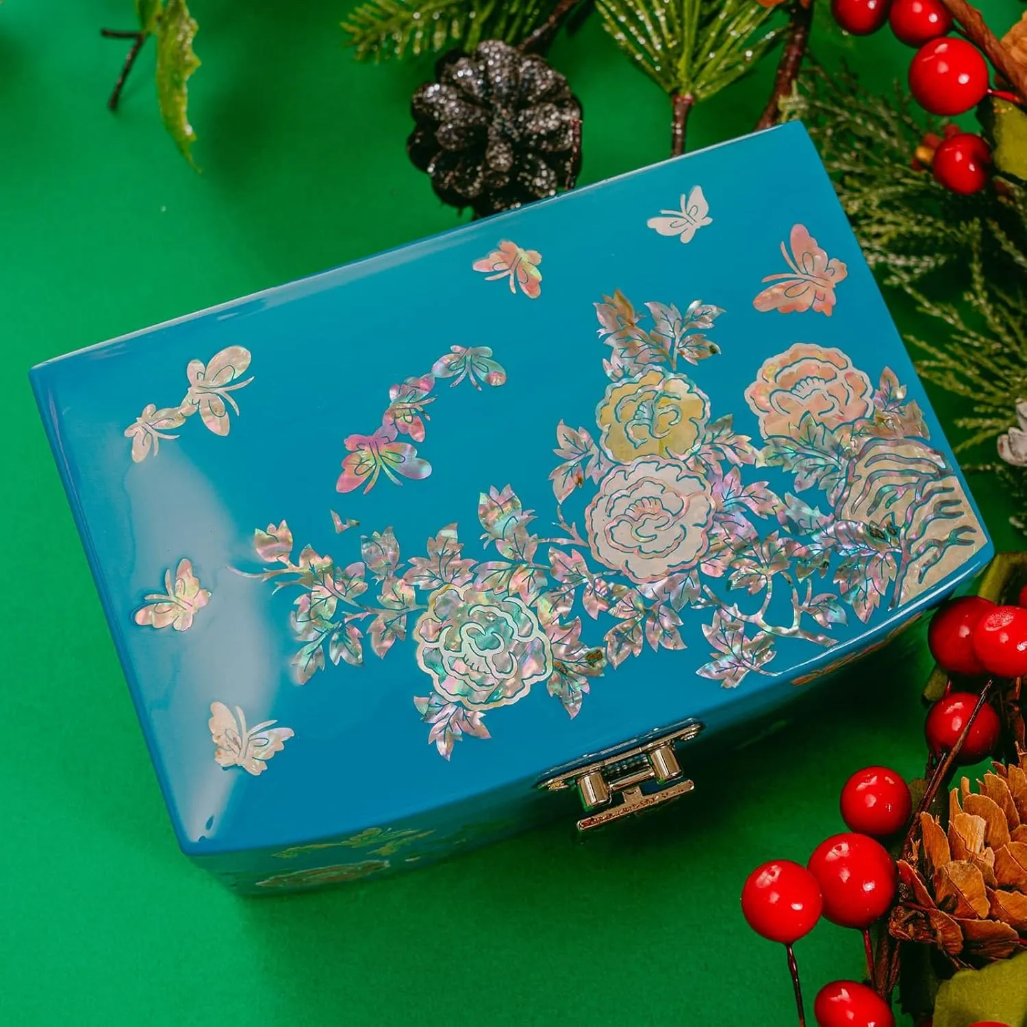 Birthday Christmas Gifts for Women (Crystal Blue) February Mountain Mother of Pearl Small Jewelry Box for Women Wife Display for Earrings Bracelets Baltic Rings Watches Anniversary 