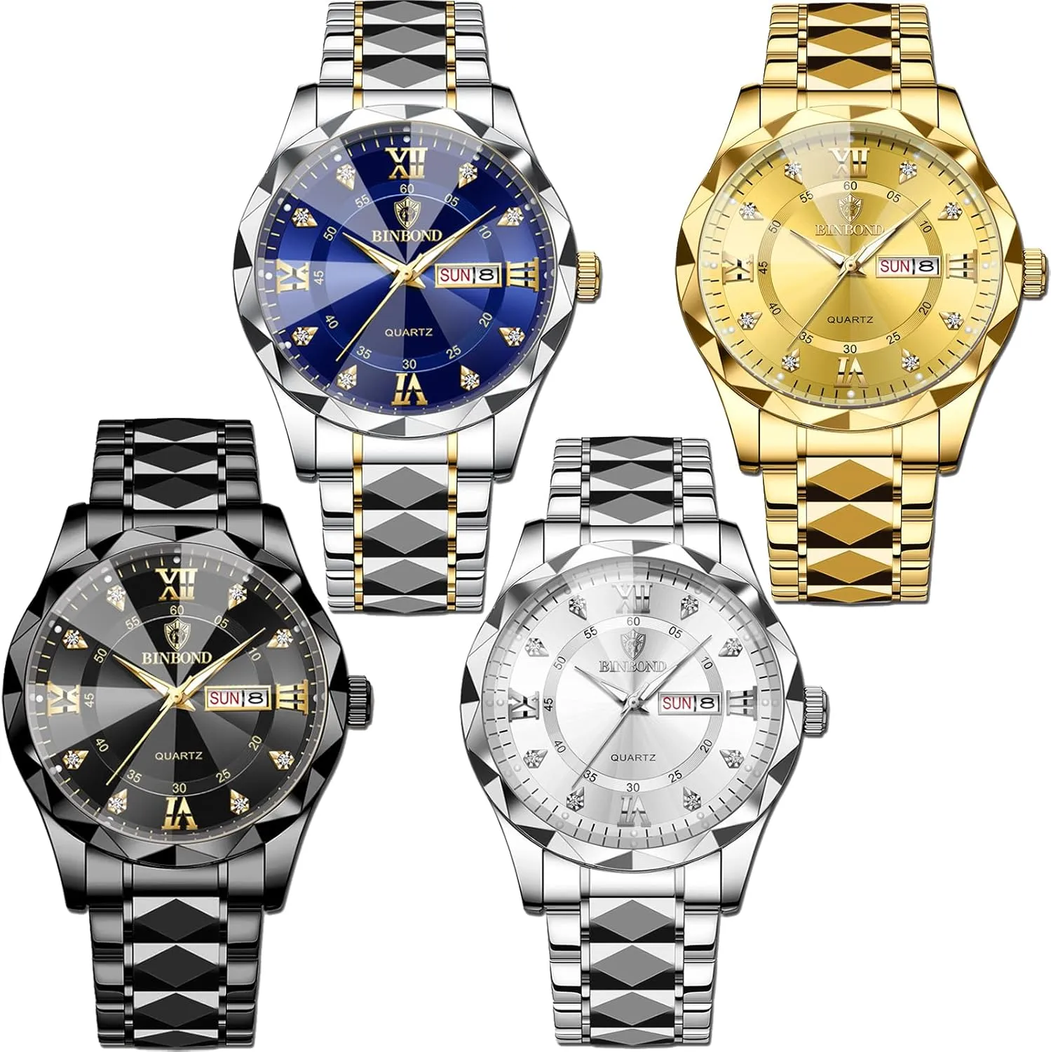 Black copious Gold Luxury Casual Watch for Men 4 Pack Men Watches Diamond Business Dress Analog Quartz Stainless Steel Waterproof Luminous Date Silver Blue 