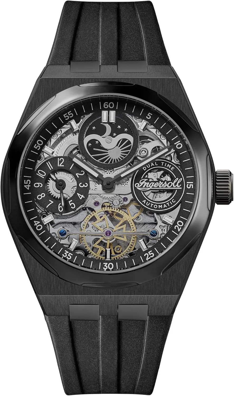 Black PU Strap I12908 Ingersoll The Broadway Mens 43mm damper figure dissolute lucky meadow Automatic Watch with Black Skeleton Dial and 