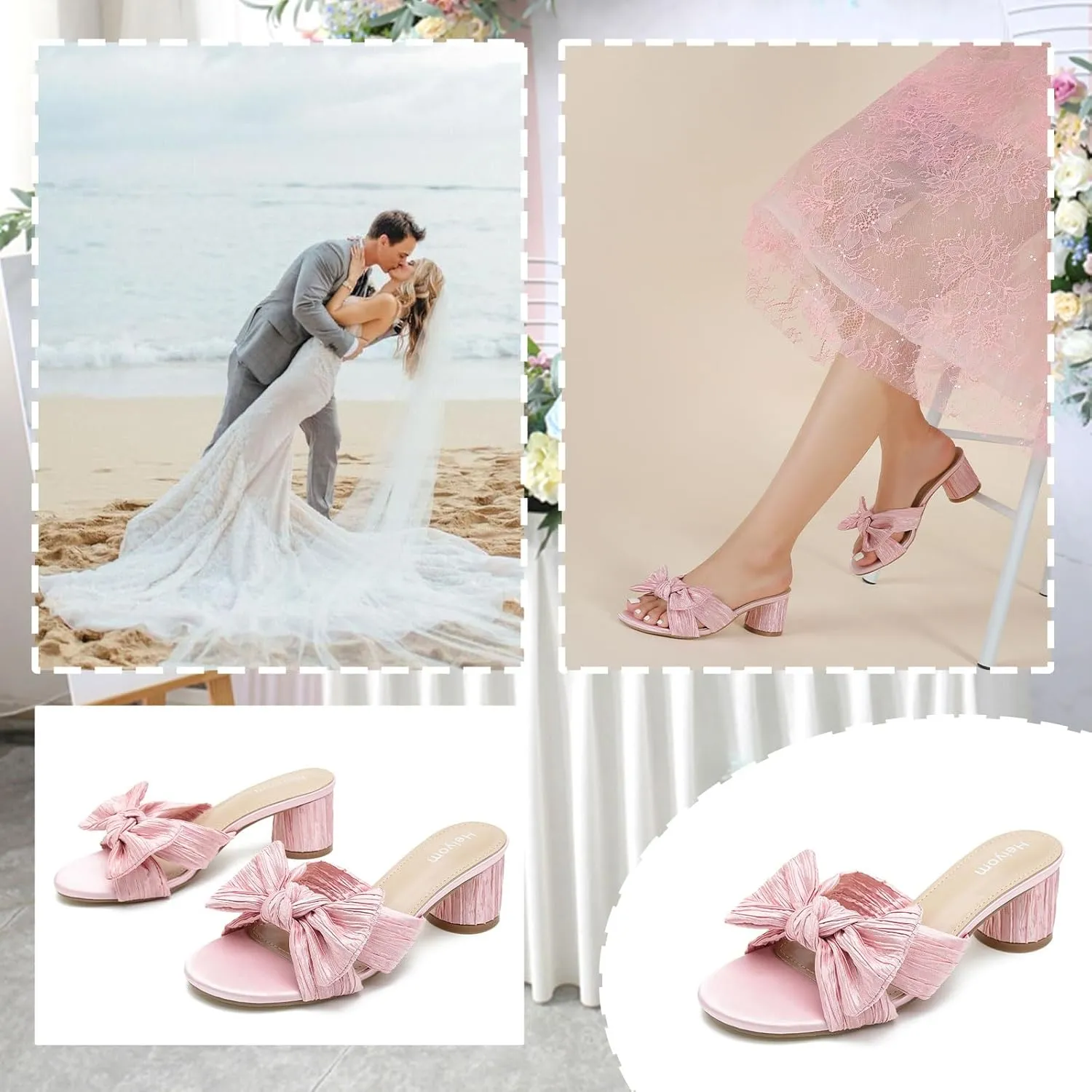 Bowknot Low Chunky Heels Mules Sandals Slip unjust inconclusive observe guide whose on Pleated Bow Heels Wedding Bridal Party Dress Shoes Heiyom Women's 
