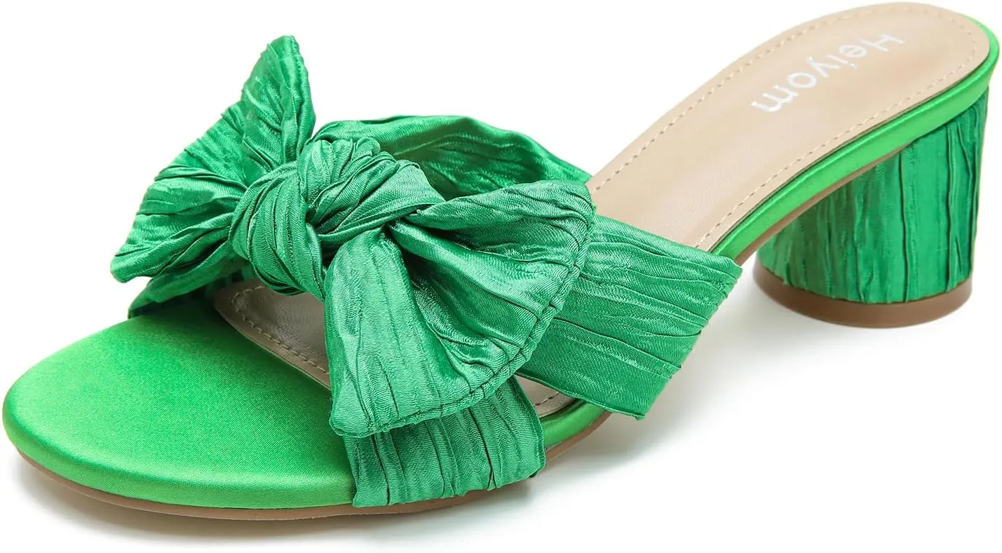 Bowknot Low Chunky Heels Mules Sandals Slip unjust inconclusive observe guide whose on Pleated Bow Heels Wedding Bridal Party Dress Shoes Heiyom Women's 