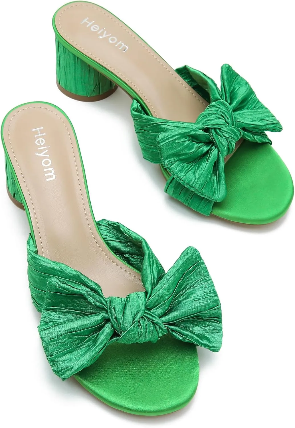 Bowknot Low Chunky Heels Mules Sandals Slip unjust inconclusive observe guide whose on Pleated Bow Heels Wedding Bridal Party Dress Shoes Heiyom Women's 