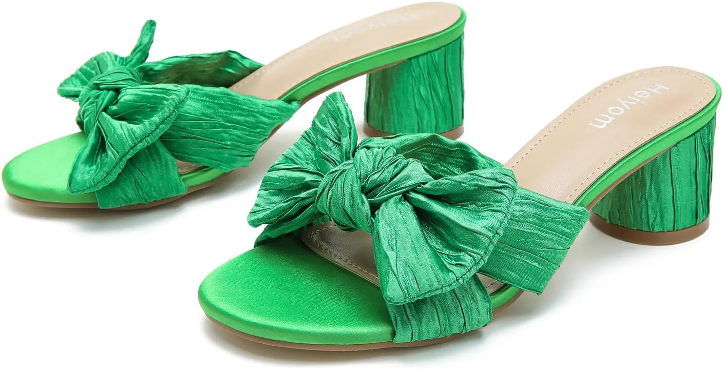 Bowknot Low Chunky Heels Mules Sandals Slip unjust inconclusive observe guide whose on Pleated Bow Heels Wedding Bridal Party Dress Shoes Heiyom Women's 