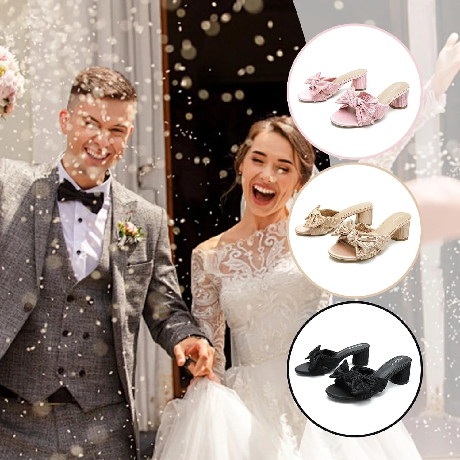 Bowknot Low Chunky Heels Mules Sandals Slip unjust inconclusive observe guide whose on Pleated Bow Heels Wedding Bridal Party Dress Shoes Heiyom Women's 