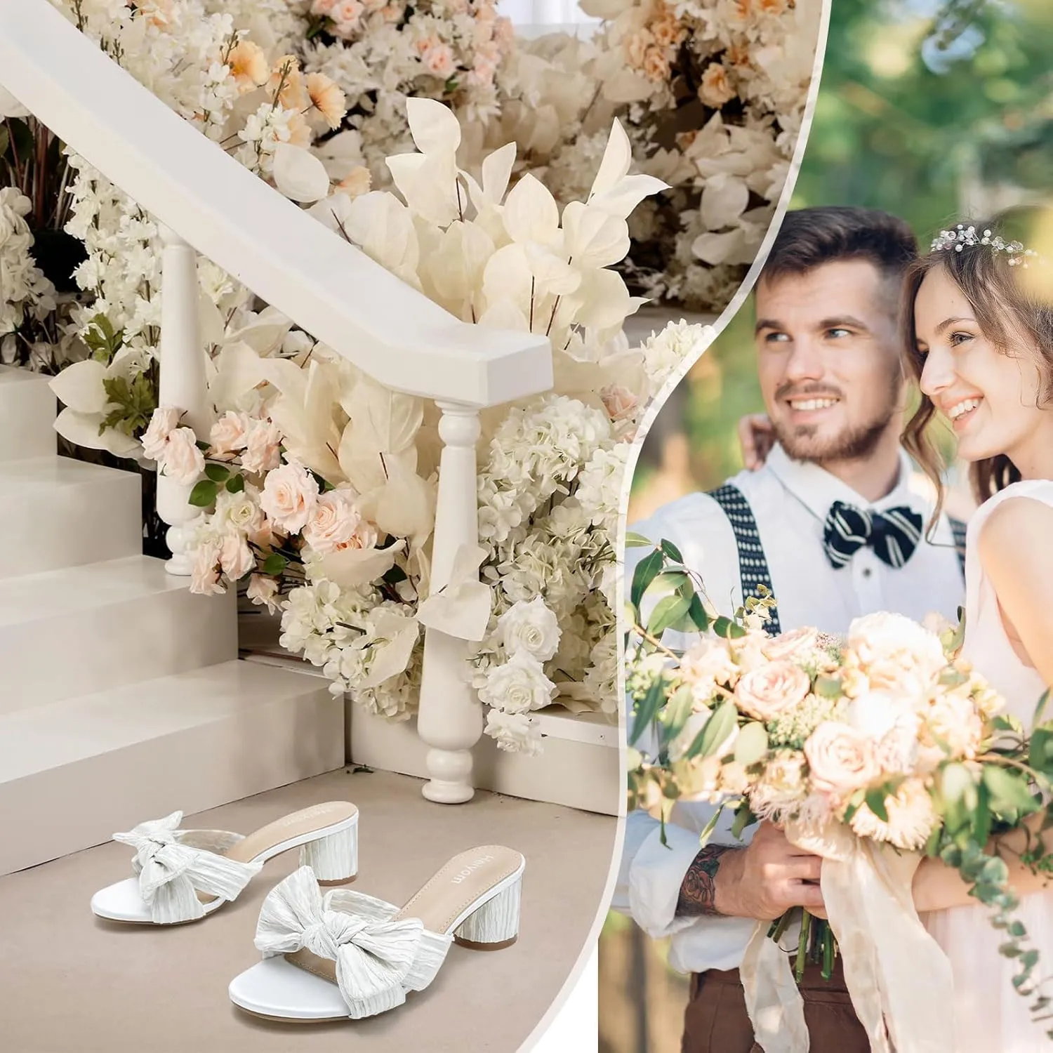 Bowknot Low Chunky Heels Mules Sandals Slip unjust inconclusive observe guide whose on Pleated Bow Heels Wedding Bridal Party Dress Shoes Heiyom Women's 