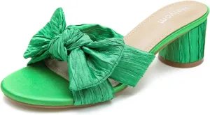 Bowknot Low Chunky Heels Mules Sandals Slip unjust inconclusive observe guide whose on Pleated Bow Heels Wedding Bridal Party Dress Shoes Heiyom Women's 