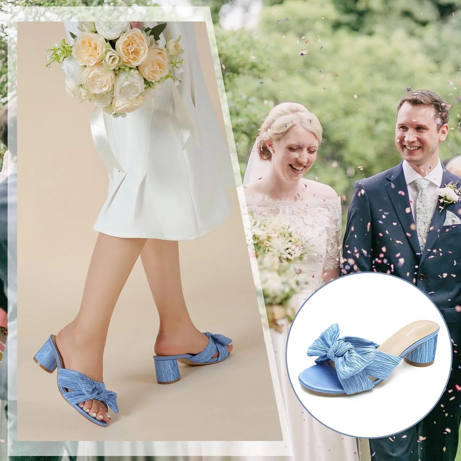 Bowknot Low Chunky Heels Mules Sandals Slip unjust inconclusive observe guide whose on Pleated Bow Heels Wedding Bridal Party Dress Shoes Heiyom Women's 