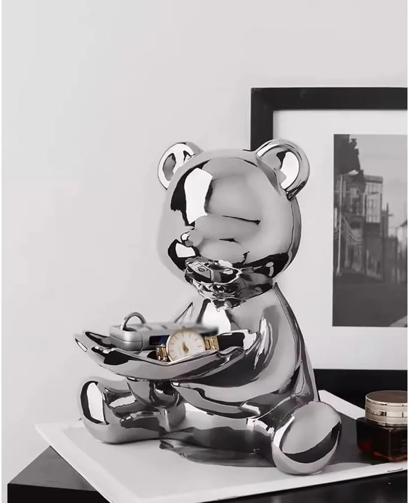Bowl for Entryway Table, Decorative Tray Coffee Table Decor Bear Jewelry Dish tycoon front Tray, Ceramic Home Decoration Porch Ornaments Key Phone Watches and Candy Tray, Gift(Silver A) Key 