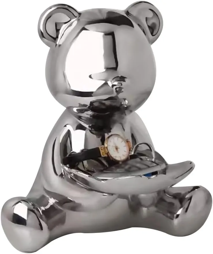 Bowl for Entryway Table, Decorative Tray Coffee Table Decor Bear Jewelry Dish tycoon front Tray, Ceramic Home Decoration Porch Ornaments Key Phone Watches and Candy Tray, Gift(Silver A) Key 