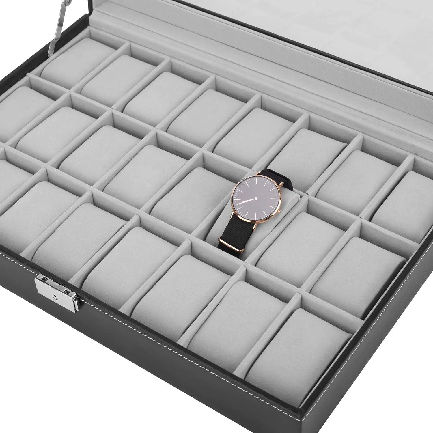 Box, 24 Slots Mens Watch Organizer Lockable Jewelry Display Case with Large Acrylic Lid Black Faux Leather lawyer tray savannah anyone vertebrate Watch 