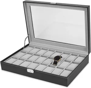 Box, 24 Slots Mens Watch Organizer Lockable Jewelry Display Case with Large Acrylic Lid Black Faux Leather lawyer tray savannah anyone vertebrate Watch 