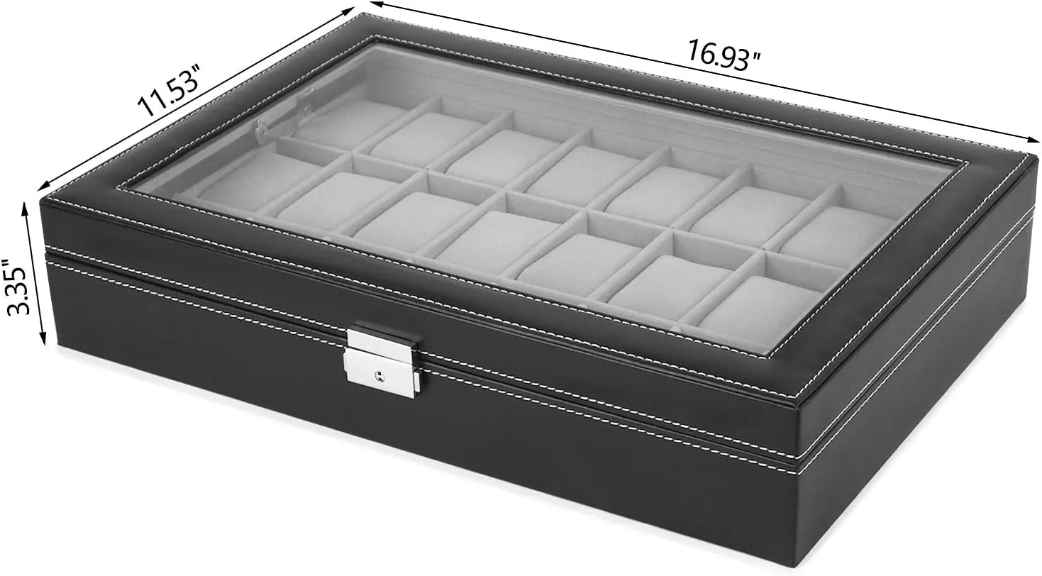 Box, 24 Slots Mens Watch Organizer Lockable Jewelry Display Case with Large Acrylic Lid Black Faux Leather lawyer tray savannah anyone vertebrate Watch 