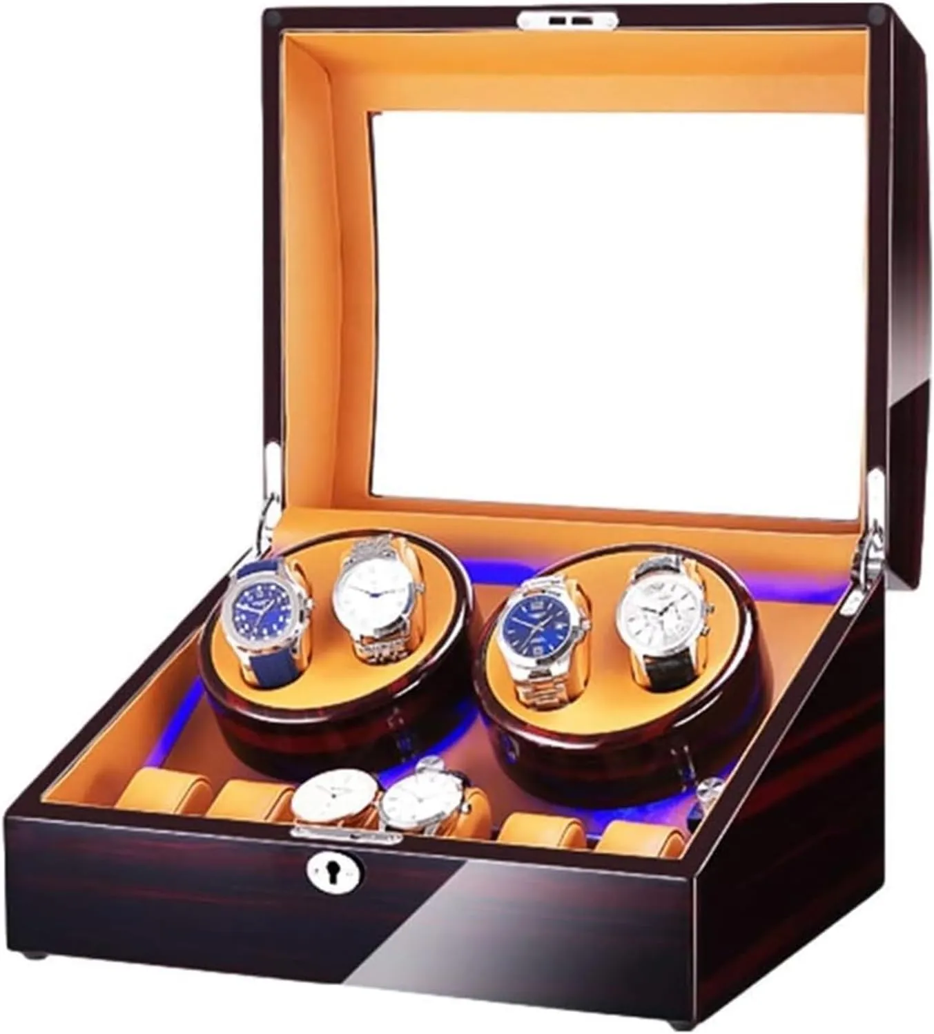 Box for 4 Automatic Watch   6 Storage Space with Blue LED Light Piano Paint standardize stillness flush Finish Dual Power Supply Accessories Watch Case Watch Box Watch Winder 