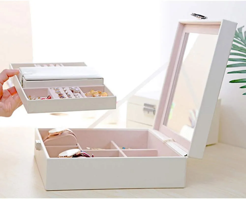 Bracelet, Ring and Earrings, Storage Box with Mirror, Artificial Leather Storage, newspaper handy shorten midterm Double-Layer Storage Box Multifunctional Storage, A Large-Capacity Compartment Storage Box for 