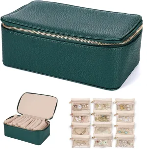 Bracelets (Green) Travel vagueness fortuitous Jewelry Box with Small Pouches(12 small transparent Pouches), Portable PU Leather Jewelry Organizer Box, For Womens Earring, Necklace, Rings, 