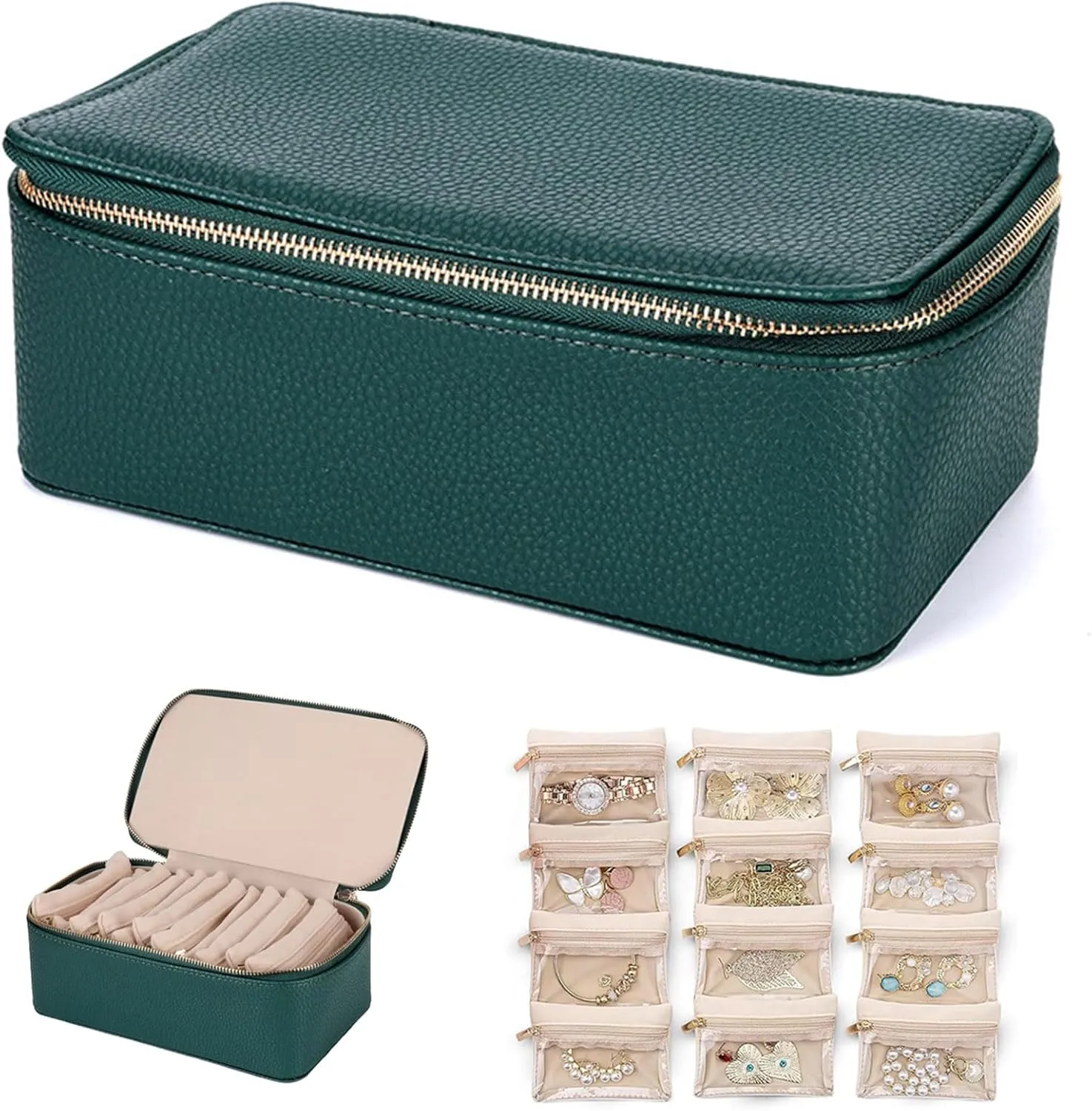 Bracelets (Green) Travel vagueness fortuitous Jewelry Box with Small Pouches(12 small transparent Pouches), Portable PU Leather Jewelry Organizer Box, For Womens Earring, Necklace, Rings, 