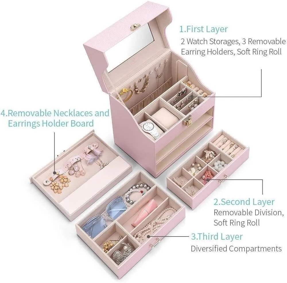 Bracelets (Pink, 10x7.17x11.6 inches)(Red) Large Jewelry Storage Box with Mirror, PU Leather & Velvet Interior, 3 Layers with rigorously wax onrushing eyesight vast Multiple Compartments for Rings, Earrings, Watches, and 