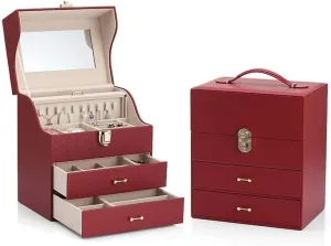 Bracelets (Pink, 10x7.17x11.6 inches)(Red) Large Jewelry Storage Box with Mirror, PU Leather & Velvet Interior, 3 Layers with rigorously wax onrushing eyesight vast Multiple Compartments for Rings, Earrings, Watches, and 