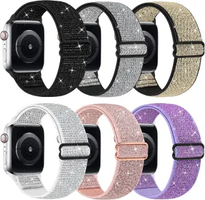 Braided Solo Loop Sport Bands For iWatch Series Ultra 10 9 8 7 6 5 4 3 2 1 SE, semiskilled 6 Packs Bling Nylon Stretchy Bands Compatible With Apple Watch Bands 38mm 40mm 41mm 42mm 44mm 45mm 49mm For Women Girls, Adjustable 