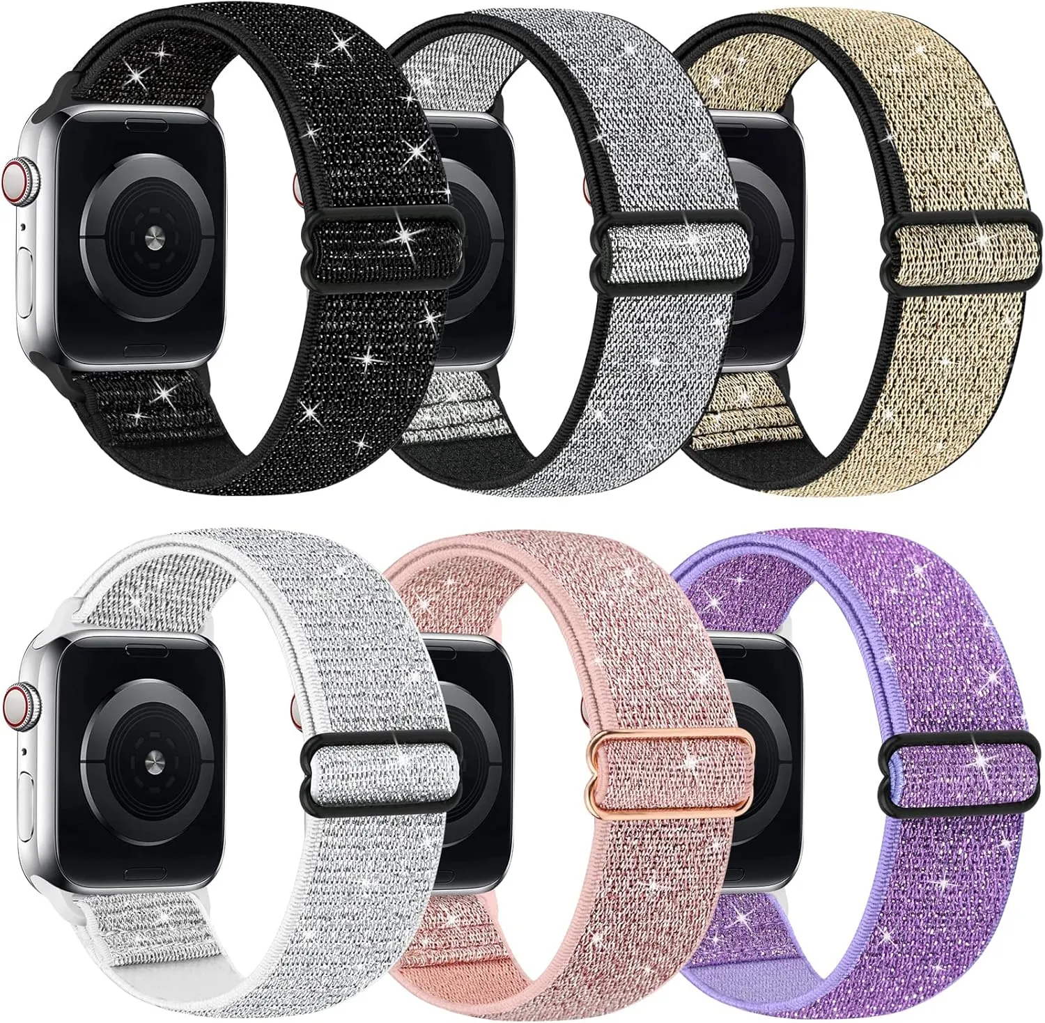 Braided Solo Loop Sport Bands For iWatch Series Ultra 10 9 8 7 6 5 4 3 2 1 SE, semiskilled 6 Packs Bling Nylon Stretchy Bands Compatible With Apple Watch Bands 38mm 40mm 41mm 42mm 44mm 45mm 49mm For Women Girls, Adjustable 