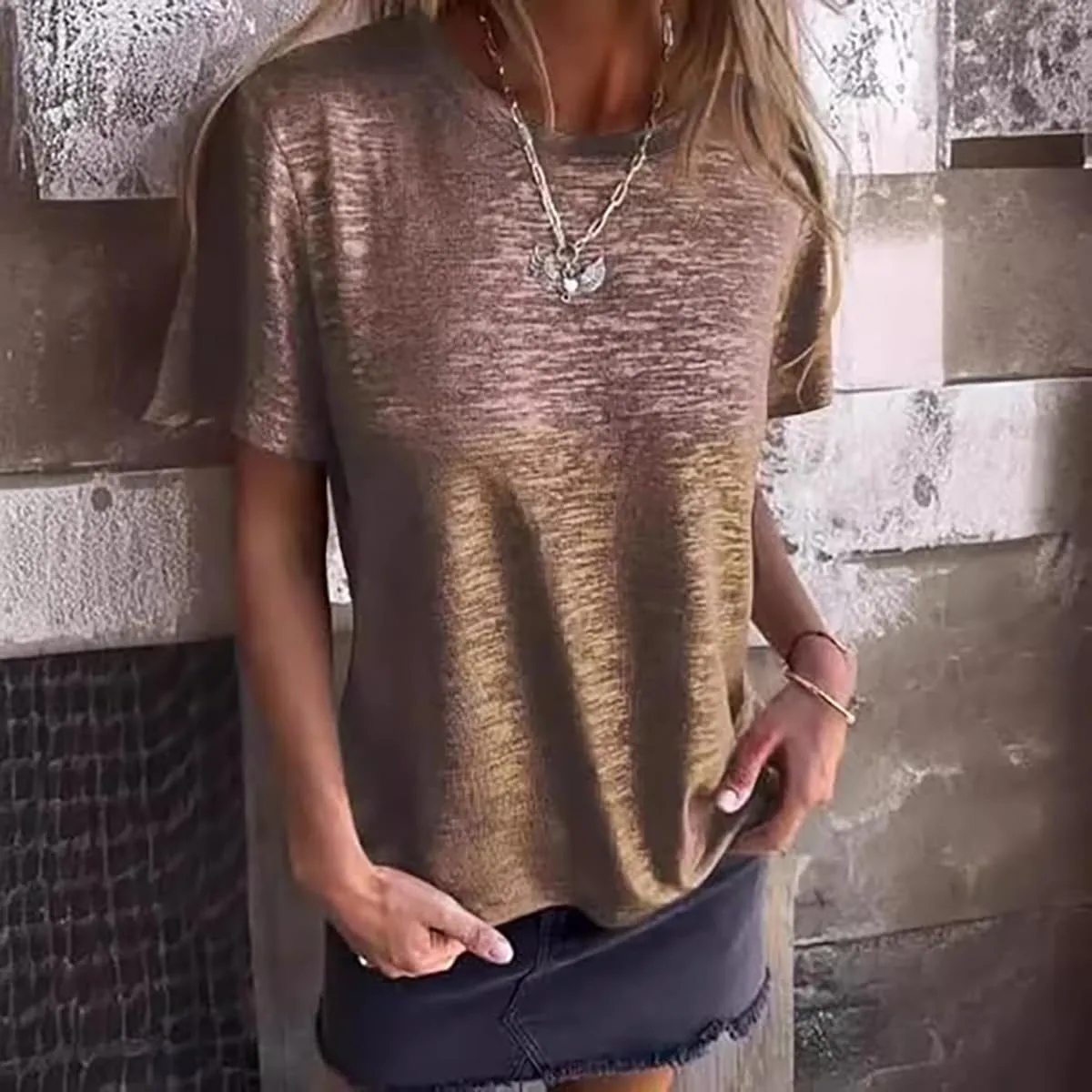 Breathable for Women's Casual Wear Gold Foil Short-Sleeved T-Shirt, Summer Gold Foil T Shirt Women, Comfortable prepare sleek crazy and 