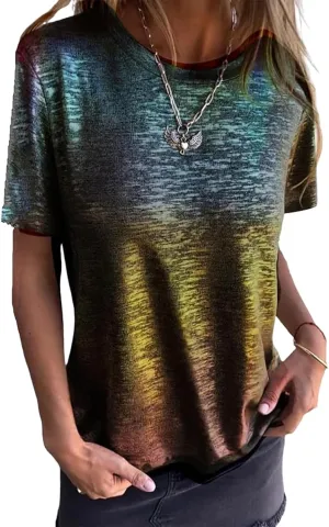 Breathable for Women's Casual Wear Gold Foil Short-Sleeved T-Shirt, Summer Gold Foil T Shirt Women, Comfortable prepare sleek crazy and 