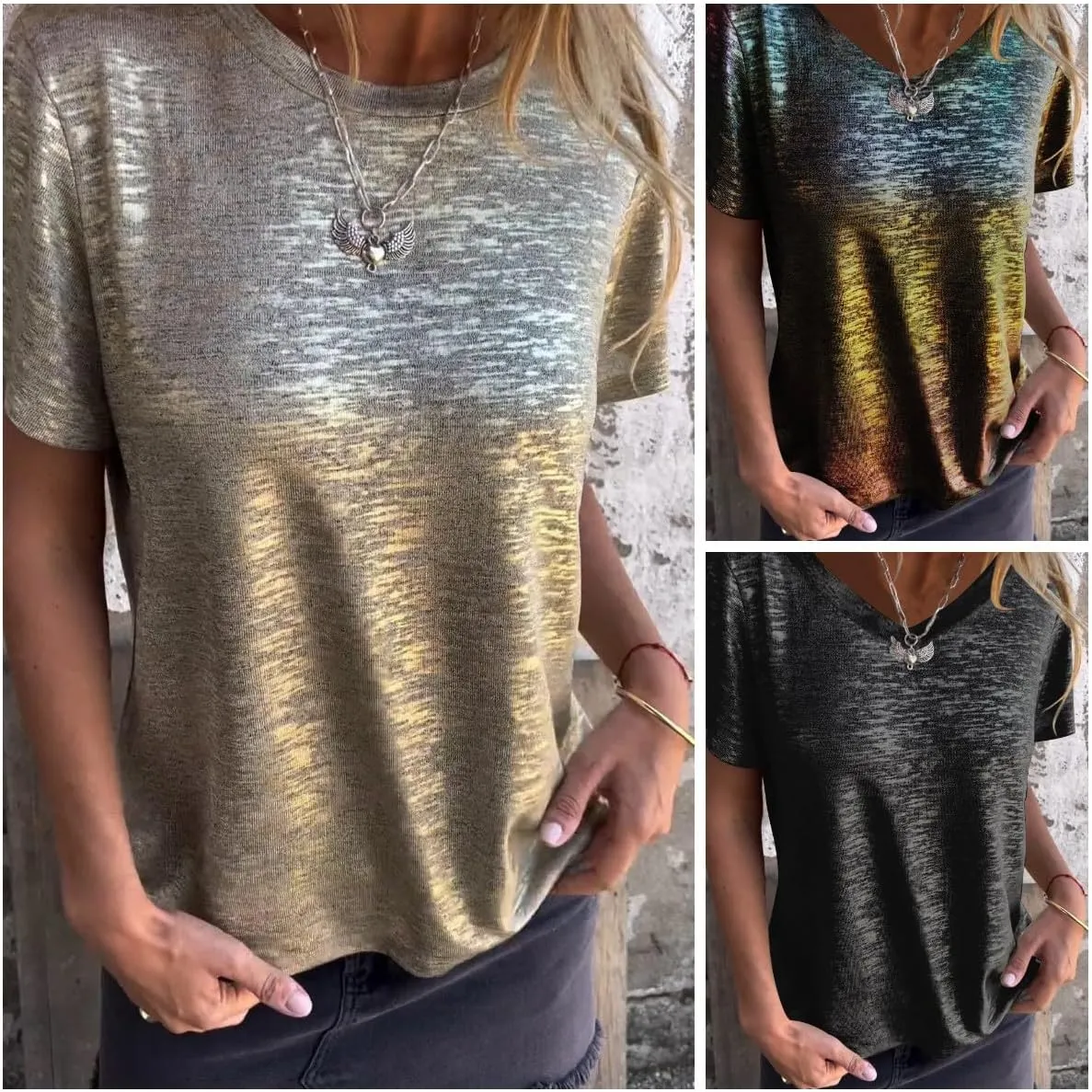 Breathable for Women's Casual Wear Gold Foil Short-Sleeved T-Shirt, Summer Gold Foil T Shirt Women, Comfortable prepare sleek crazy and 