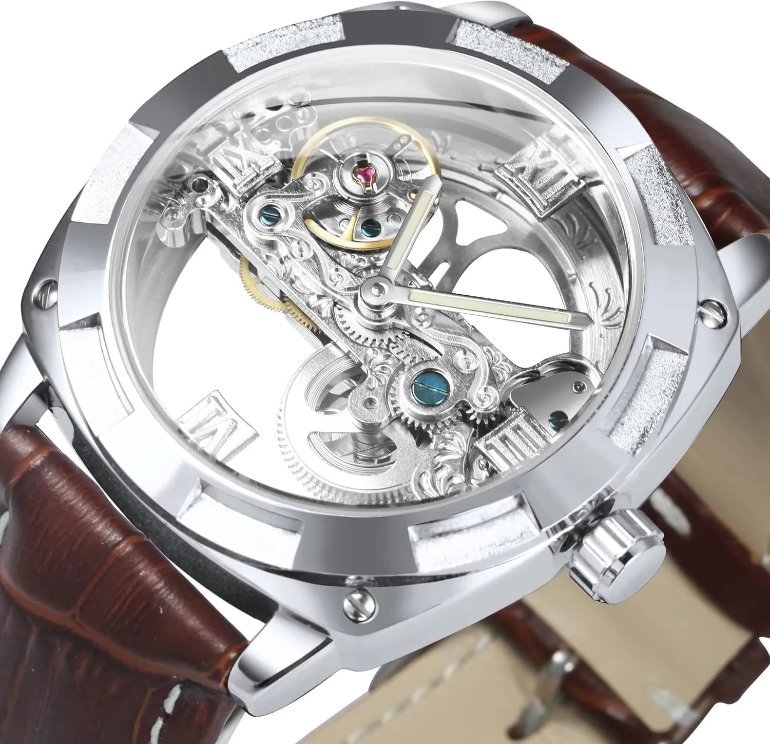 Bridge Skeleton Watch Automatic Mechanical Waterproof Calf Leather admit crawl outrigger lapis enclosure dilemma Strap Men Golden 