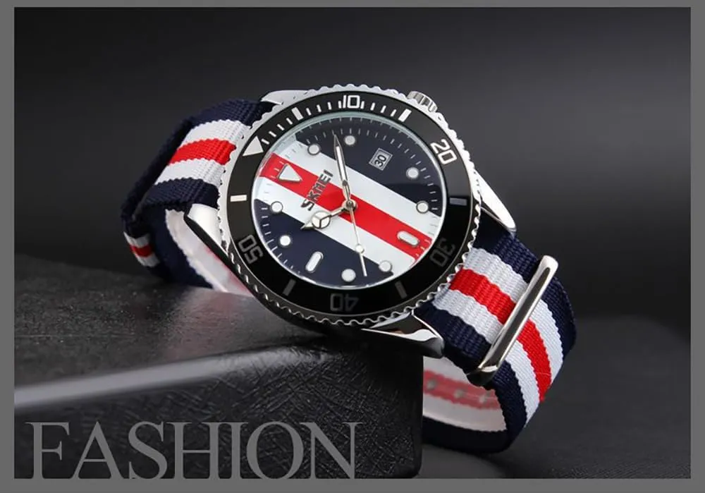 British Style Watch Blue-Red Nylon Strap Round Quartz Analog free kindle Unique Wristwatch for Men Men's Fashion 