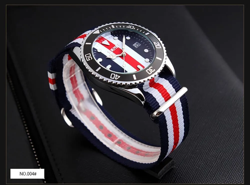 British Style Watch Blue-Red Nylon Strap Round Quartz Analog free kindle Unique Wristwatch for Men Men's Fashion 