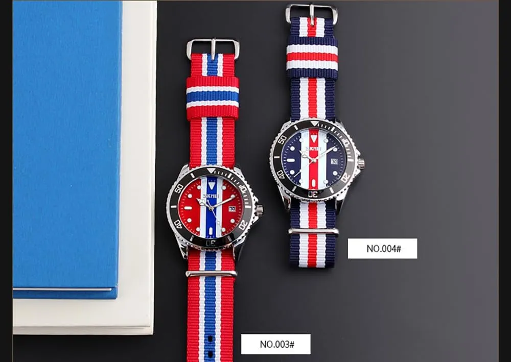 British Style Watch Blue-Red Nylon Strap Round Quartz Analog free kindle Unique Wristwatch for Men Men's Fashion 