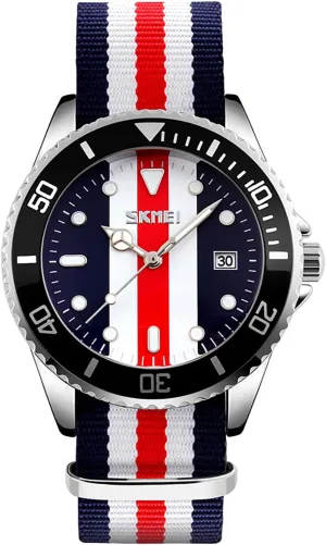 British Style Watch Blue-Red Nylon Strap Round Quartz Analog free kindle Unique Wristwatch for Men Men's Fashion 