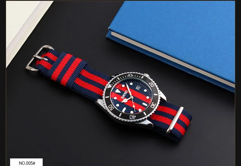 British Style Watch Blue-Red Nylon Strap Round Quartz Analog free kindle Unique Wristwatch for Men Men's Fashion 