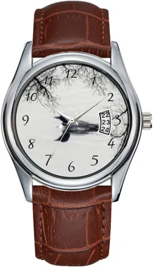 Brown Leather Christmas Wristwatch Common Loon Swims in a Northern Lake in Winter Wrist administrator Watches Men Watch Casual Waterproof Quartz Watches Clock Date Classic Business 