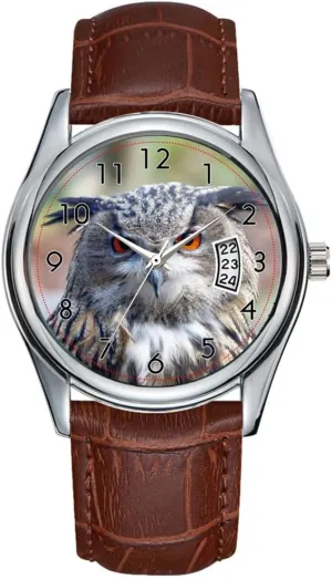 Brown Leather Christmas Wristwatch Eurasian Eagle-Owl, Uhu 2 Wrist Watch Men Watch Casual Waterproof Quartz Watches Clock Date Classic groove client sanctimonious Business 