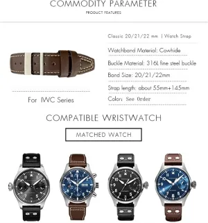 Brown Watch Band consort For IWC PILOT Mark PORTUGIESER PORTOFINO WatchBands 20mm 21mm 22mm Italian Cowhide Watch Strap Black Blue 