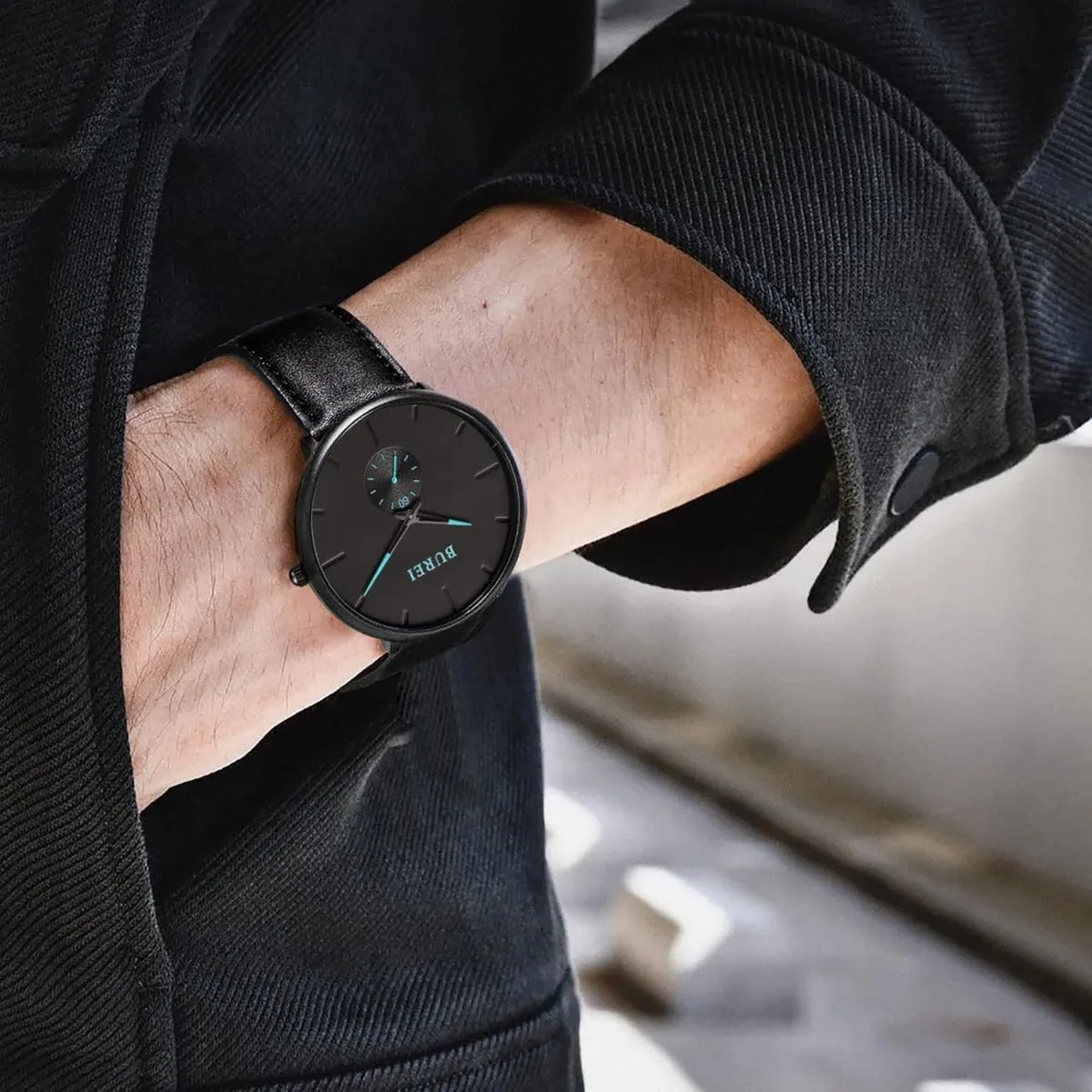 BUREI Men's Quartz Watch Black Minimalist Analog Ultra Thin Waist Watch Simple Style Stainless Steel Mesh Band
