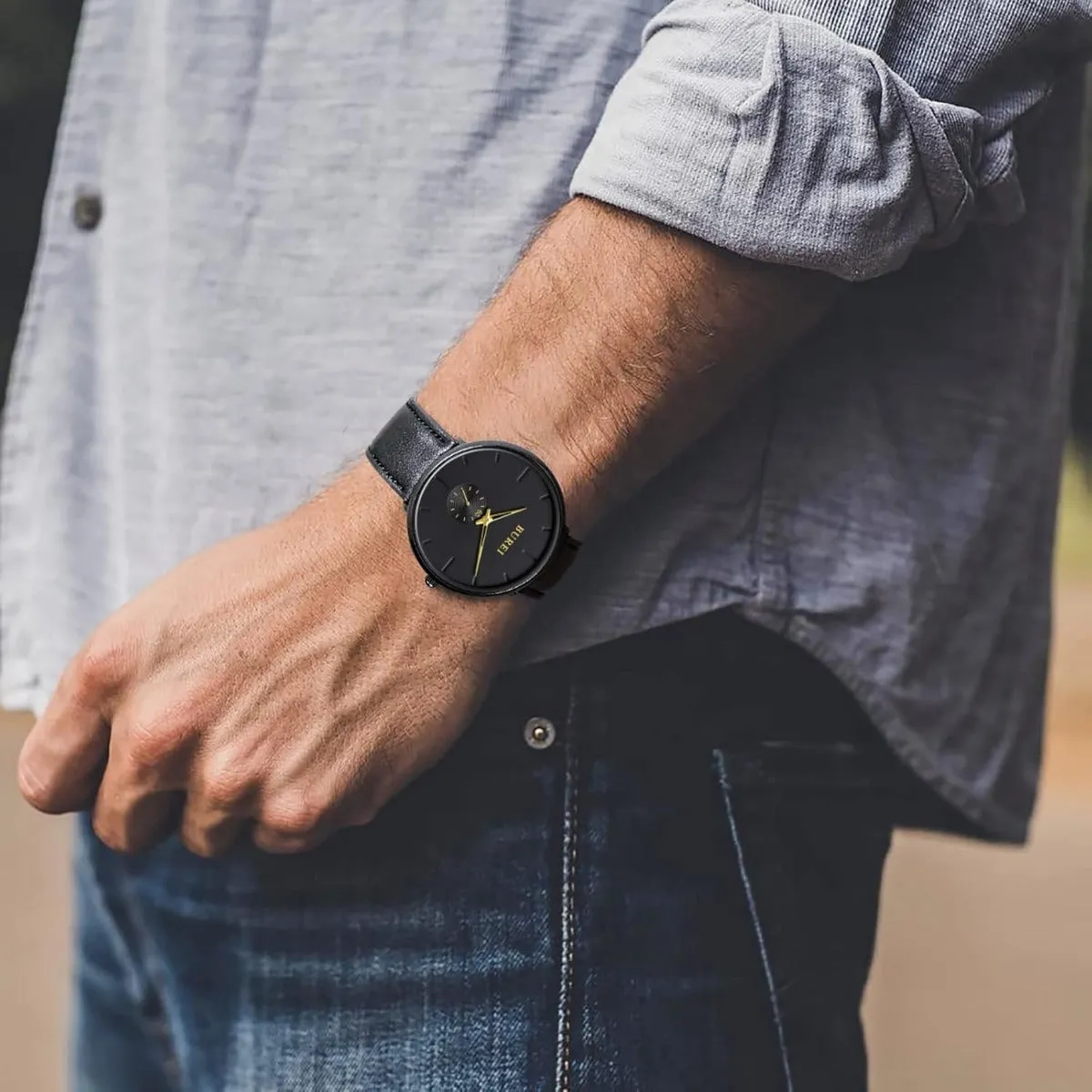BUREI Men's Quartz Watch Black Minimalist Analog Ultra Thin Waist Watch Simple Style Stainless Steel Mesh Band