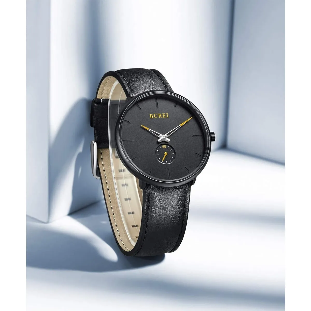 BUREI Men's Quartz Watch Black Minimalist Analog Ultra Thin Waist Watch Simple Style Stainless Steel Mesh Band