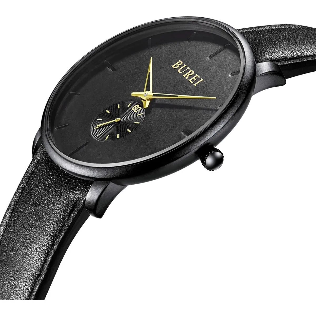 BUREI Men's Quartz Watch Black Minimalist Analog Ultra Thin Waist Watch Simple Style Stainless Steel Mesh Band