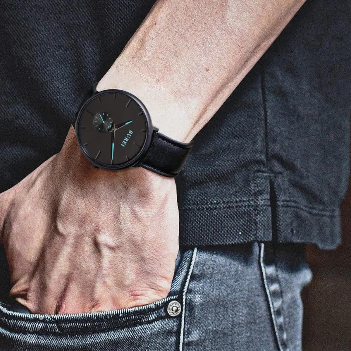 BUREI Men's Quartz Watch Black Minimalist Analog Ultra Thin Waist Watch Simple Style Stainless Steel Mesh Band