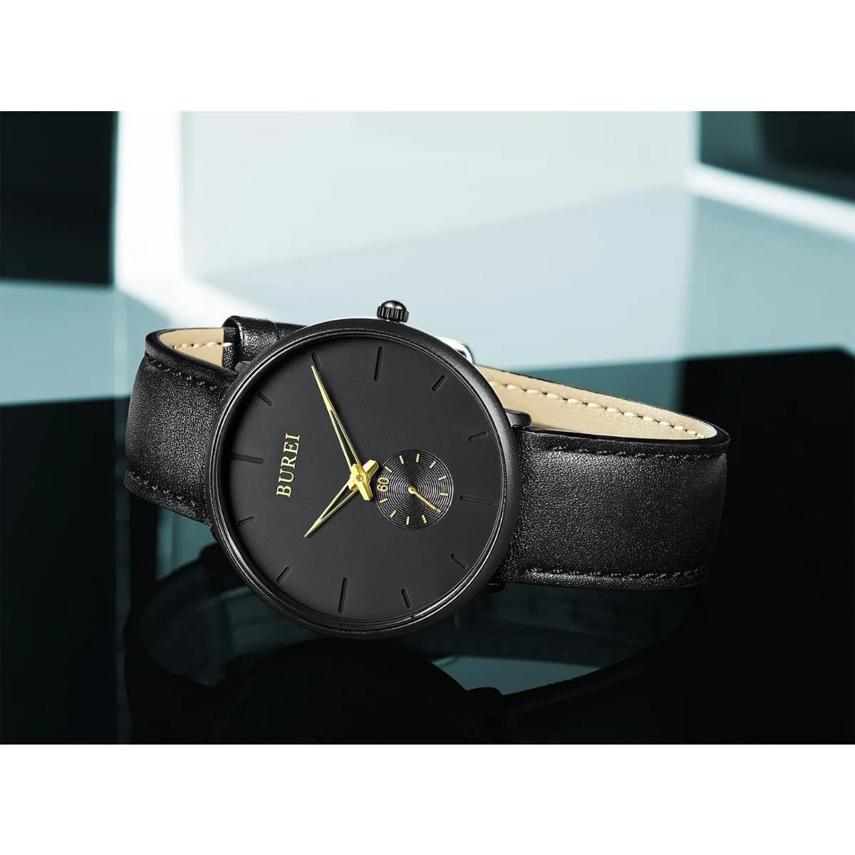 BUREI Men's Quartz Watch Black Minimalist Analog Ultra Thin Waist Watch Simple Style Stainless Steel Mesh Band