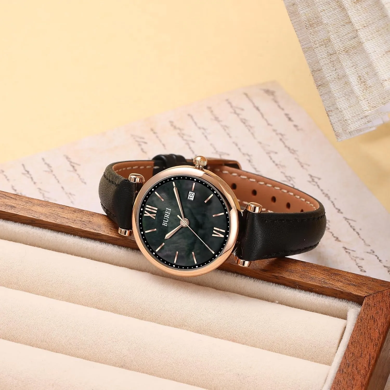 BUREI Women's Black Leather Strap Watch Fashion Simple Analog Quartz Waterproof Watches for Women Three Hands,Gift for her