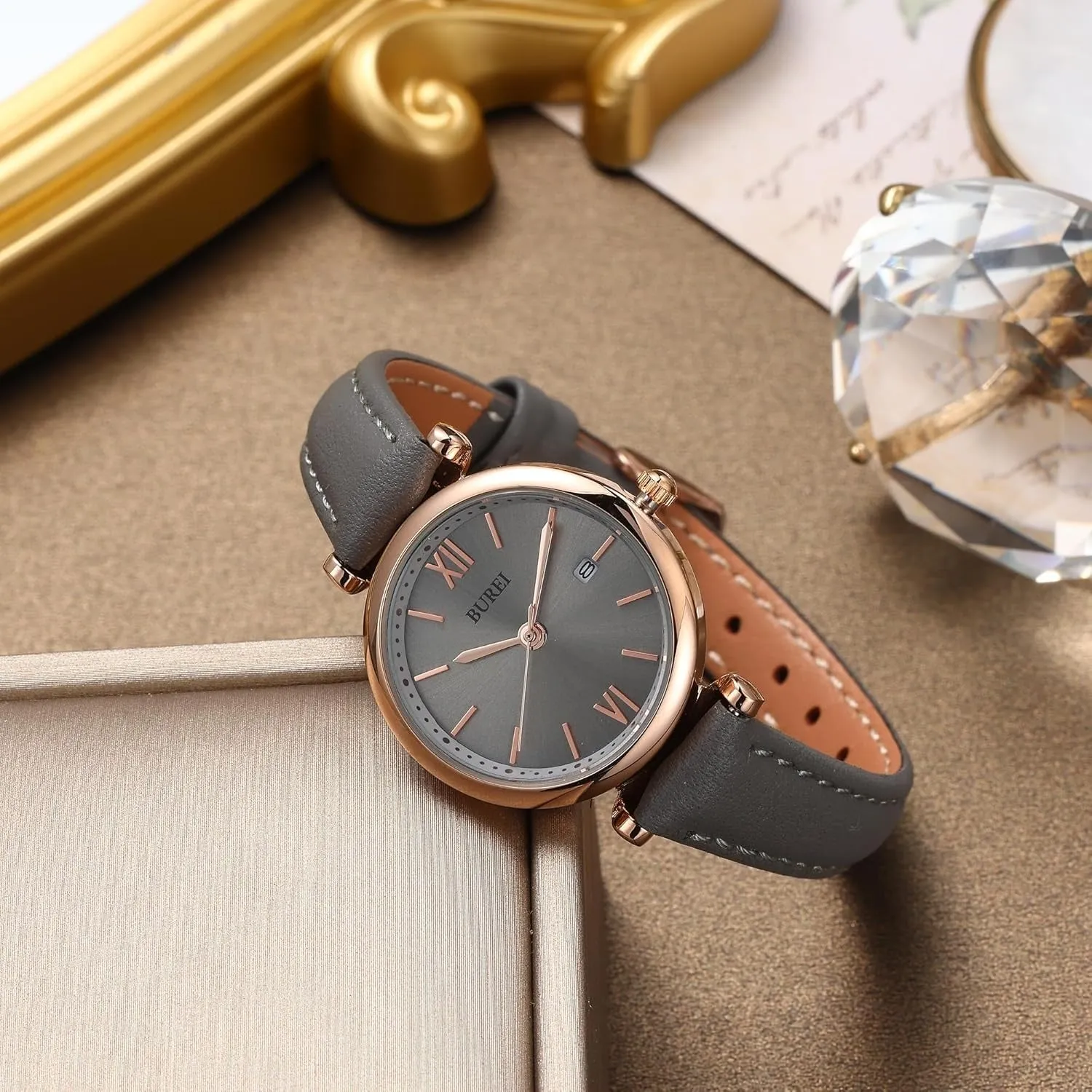 BUREI Women's Black Leather Strap Watch Fashion Simple Analog Quartz Waterproof Watches for Women Three Hands,Gift for her