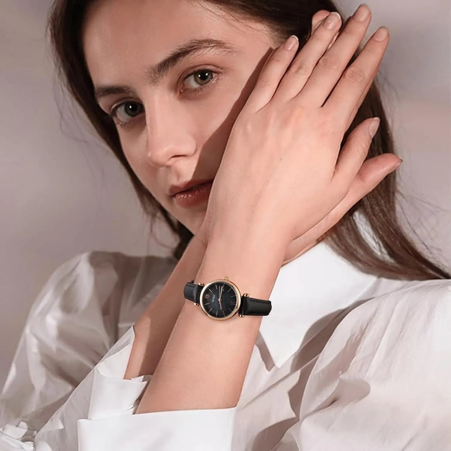 BUREI Women's Black Leather Strap Watch Fashion Simple Analog Quartz Waterproof Watches for Women Three Hands,Gift for her